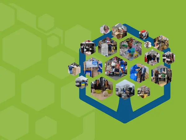 Die Grafik zeigt einen stilisierten Baum mit rautenförmigen Blättern, auf denen Bilder mit PRODINGER hilft Aktionen montiert sind.