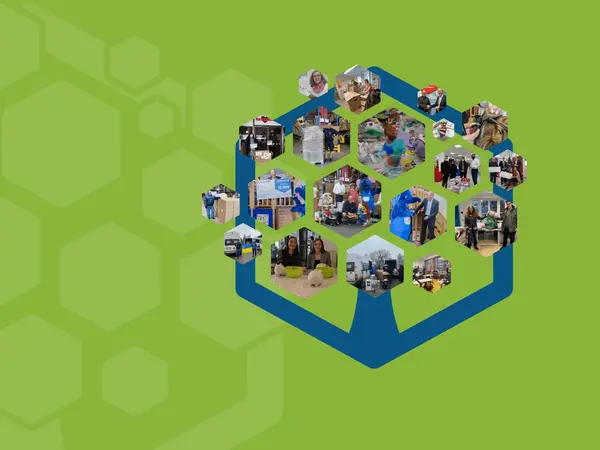 Die Grafik zeigt einen stilisierten Baum mit rautenförmigen Blättern, auf denen Bilder mit PRODINGER hilft Aktionen montiert sind.